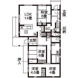 高砂建設　埼玉・東京 5年越しに実現した二世帯住宅。自然素材と高気密・高断熱の家【完全分離型二世帯住宅/間取り図有/60坪台】の間取り図（4LDK）1階