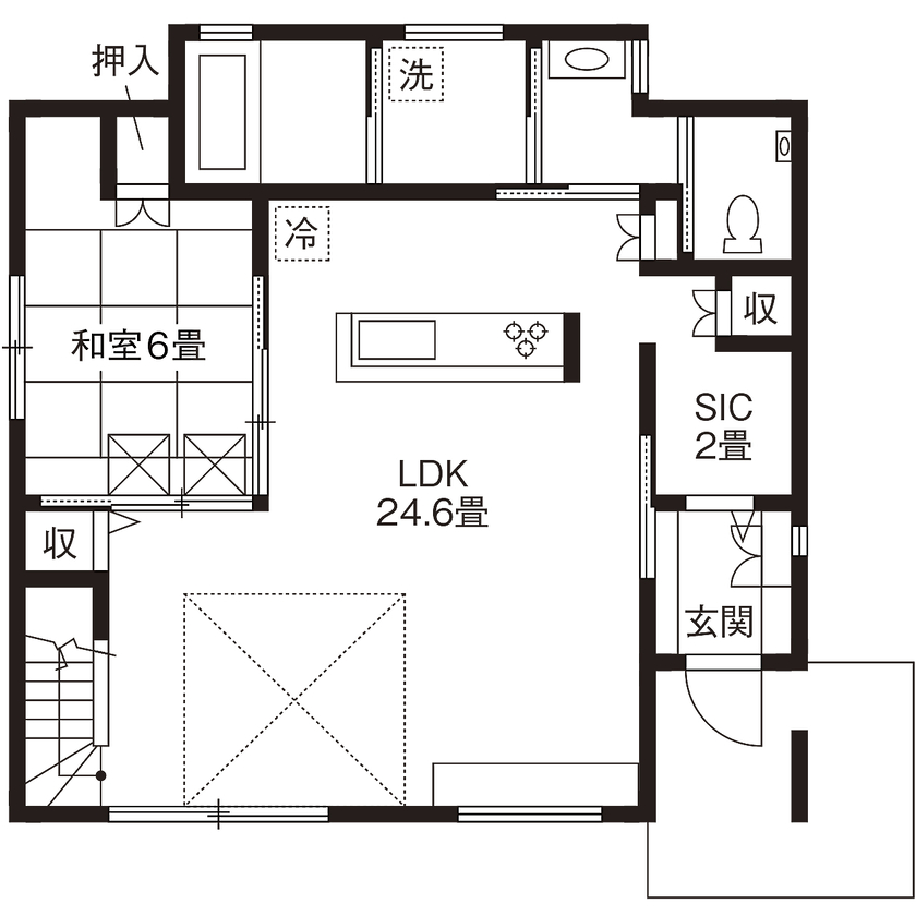 高砂建設　埼玉・東京 【川越市/3000万円台/40坪台/間取り図】夏はウッドデッキでプール！1年を通してエアコン1台で快適な家の間取り図（3LDK＋S）1階