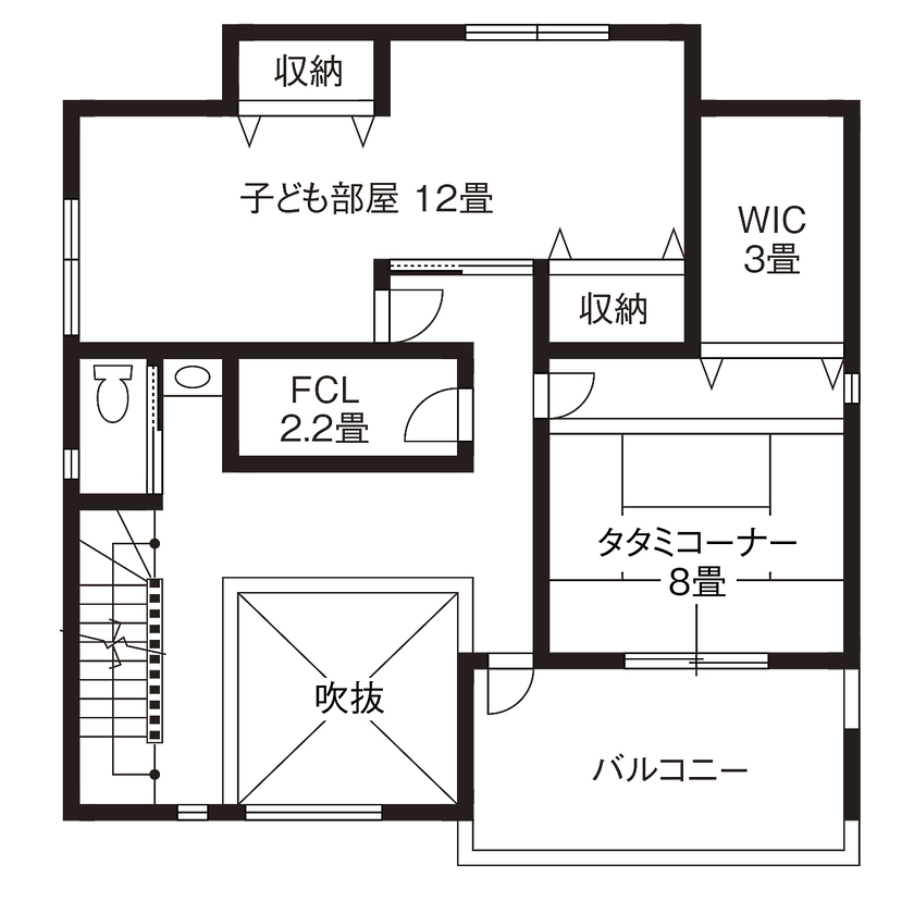 高砂建設　埼玉・東京 【川越市/3000万円台/40坪台/間取り図】夏はウッドデッキでプール！1年を通してエアコン1台で快適な家の間取り図（3LDK＋S）2階