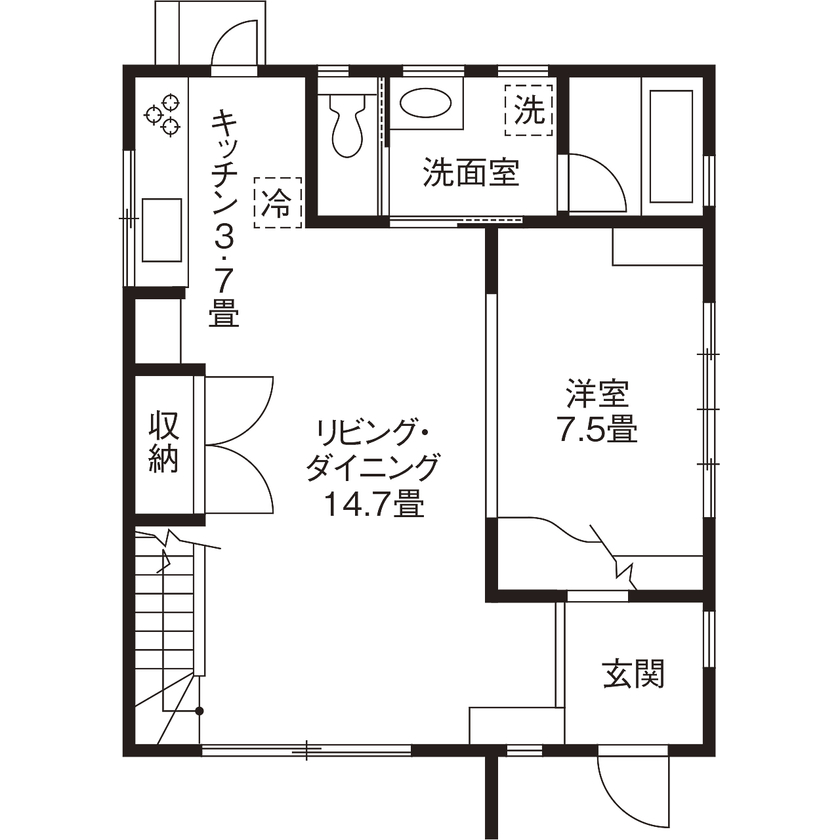 高砂建設　埼玉・東京 【蓮田市/2000万円台/20坪台/間取り図/土間】無垢にこだわった木の家。外張り断熱で家中温度差少ない住空間の間取り図（4LDK）1階