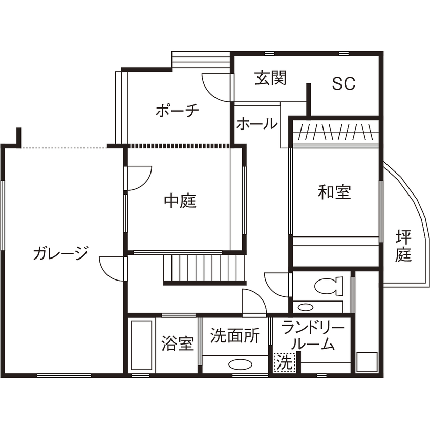 高砂建設　埼玉・東京 【さいたま市/50坪台/間取り図/無垢材/吹抜け】生活感の出ないホテルライクな暮らしが叶った、上質な住まいの間取り図（2LDK）1階