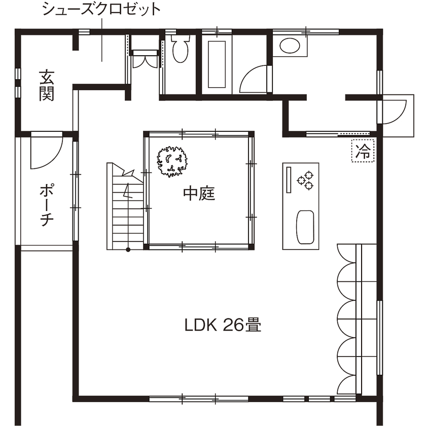 高砂建設　埼玉・東京 【比企郡/2000万円台/40坪台/間取り図/SE構法】中庭と部屋を仕切る大きな窓から日差しを受け四季を感じる家の間取り図（3LDK＋S）1階