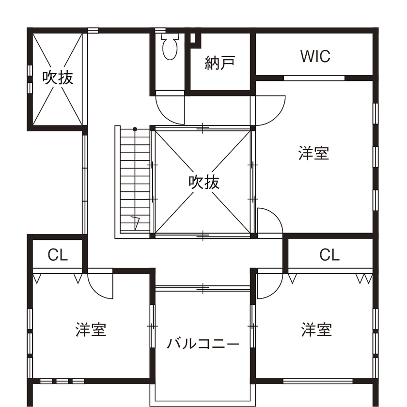 高砂建設　埼玉・東京 【比企郡/2000万円台/40坪台/間取り図/SE構法】中庭と部屋を仕切る大きな窓から日差しを受け四季を感じる家の間取り図（3LDK＋S）2階