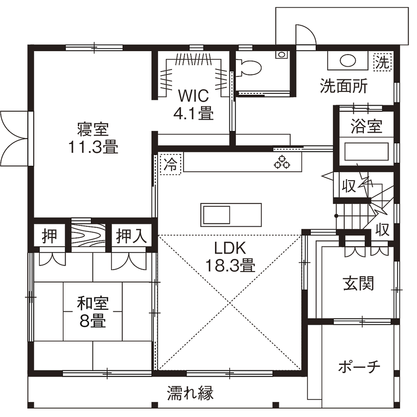 高砂建設　埼玉・東京 【埼玉/30坪台/間取り図/平屋】地元で育った木で築く、強く美しい家。暮らすほどに趣深まる和の平屋の間取り図（2LDK＋小屋裏）1階