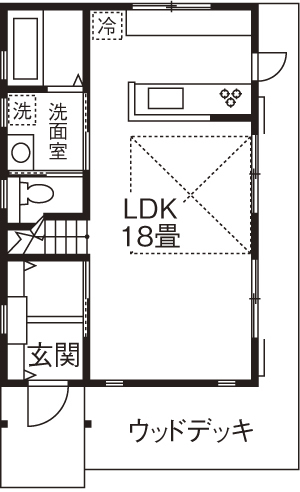 高砂建設　埼玉・東京 【埼玉/2000万円台/20坪台/間取り図/吹抜け】ソーラーサーキット工法で光と風の通る心地よい住まいの間取り図（3LDK）1階