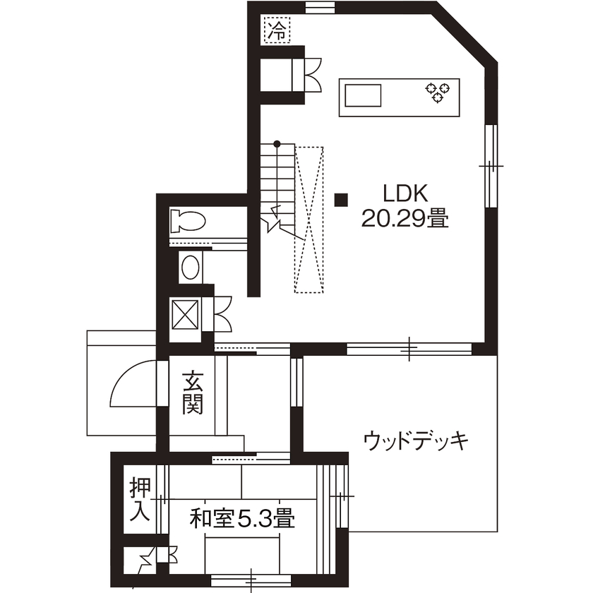 高砂建設　埼玉・東京 【埼玉/2000万円台/30坪台/間取り図/ウッドデッキ/吹抜け/高断熱】年中快適な二世帯が仲良く暮らせる家の間取り図（3LDK）1階