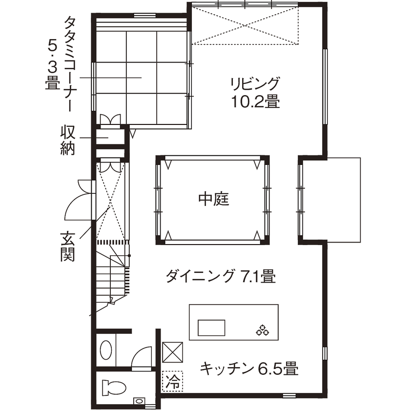 高砂建設　埼玉・東京 【東京/2000万円台/30坪台/ウッドデッキ/中庭】SE構法＋ソーラーキット工法＋自然素材で叶えた快適な家の間取り図（3LDK）1階