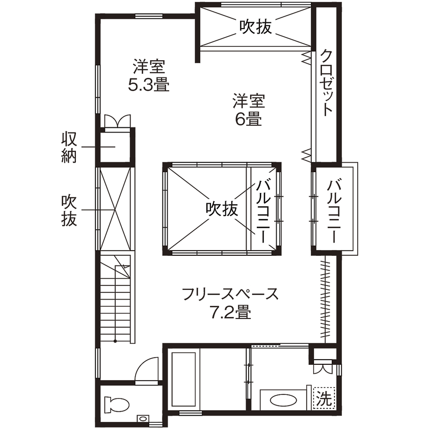 高砂建設　埼玉・東京 【東京/2000万円台/30坪台/ウッドデッキ/中庭】SE構法＋ソーラーキット工法＋自然素材で叶えた快適な家の間取り図（3LDK）2階