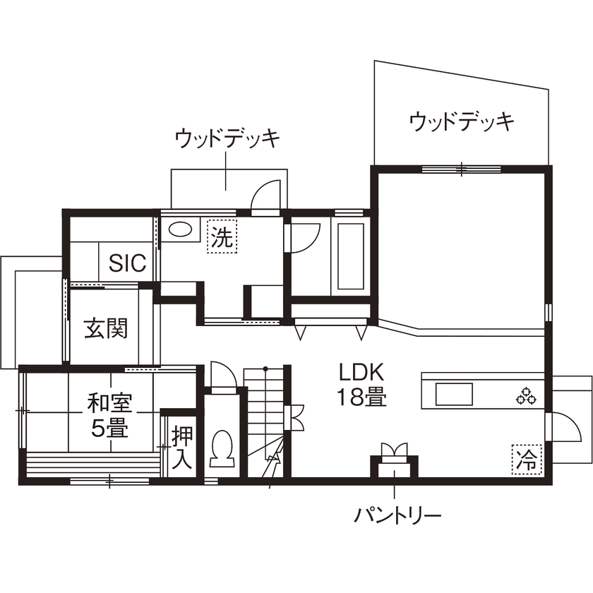 高砂建設　埼玉・東京 【新座市/2000万円台/30坪台/間取り図/ステップダウンフロア】諦めかけた要望を実現！木が香る健やかな家の間取り図（5LDK）1階