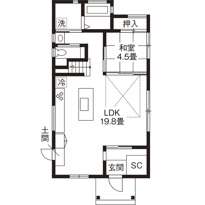 高砂建設　埼玉・東京 【2000万円台/30坪台/間取り図/吹抜け】暮らしの真ん中にキッチンを！無垢の質感にこだわった家の間取り図（3LDK＋S）1階