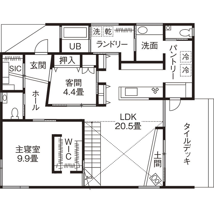 高砂建設　埼玉・東京 【栃木/3000万円台/30坪台/間取り図/平屋】歳を重ねた先も暮らしやすい、木の温もりと思い出を大切にした家の間取り図（2LDK）1階