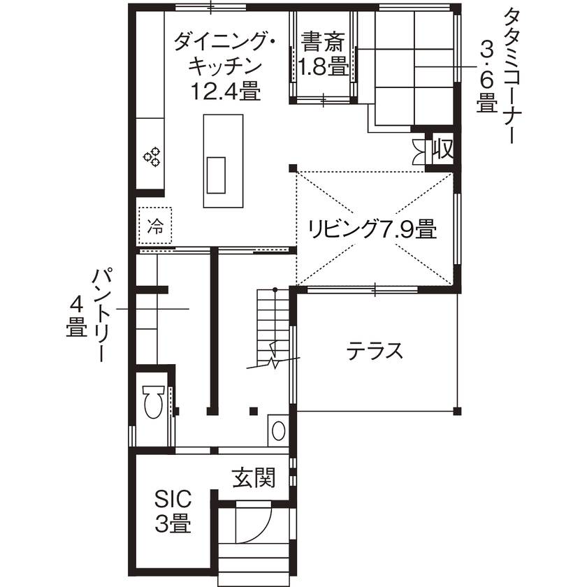 高砂建設　埼玉・東京 【さいたま市／ソーラーサーキット工法／間取図】子どもたちが健やかに暮らせるこだわりのアメリカンハウスの間取り図（3LDK）1階