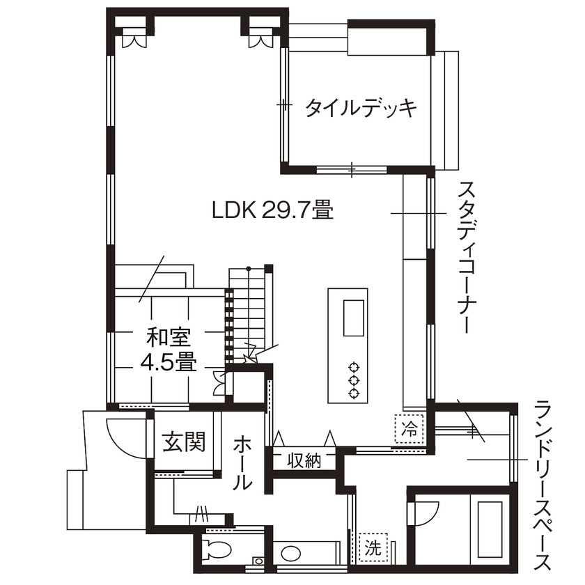 高砂建設　埼玉・東京 【さいたま市/40坪台/間取り図/吹抜け】建物に囲まれた旗竿地でもプライバシーを守れる、大空間を実現の間取り図（5LDK）1階