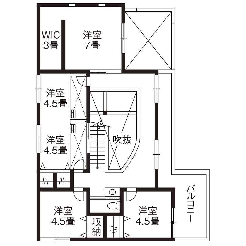 高砂建設　埼玉・東京 【さいたま市/40坪台/間取り図/吹抜け】建物に囲まれた旗竿地でもプライバシーを守れる、大空間を実現の間取り図（5LDK）2階