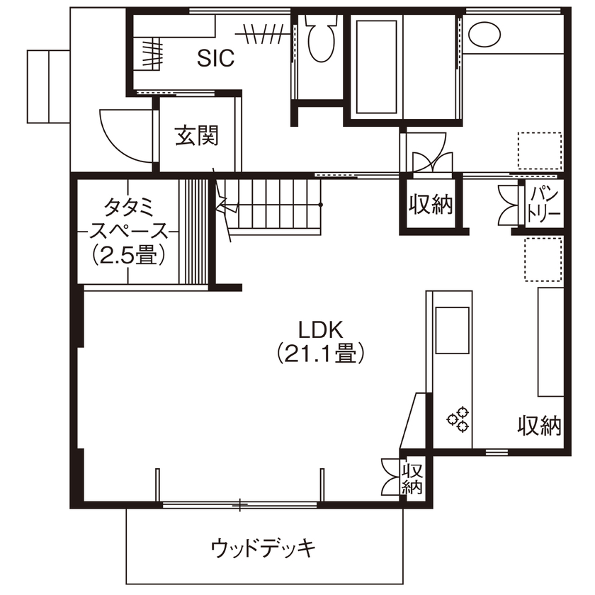 高砂建設　埼玉・東京 【さいたま市/3000万円台/30坪台/間取り図】光の陰影が美しい、和×グレイッシュが個性的な住まいの間取り図（3LDK＋スキップフロア）1階