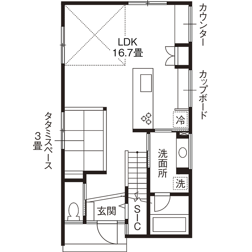 高砂建設　埼玉・東京 【鴻巣市/2000万円台/30坪台】開放的なLDKはパーティーもできる広さ！細部までセンスが光るモノトーンの家の間取り図（3LDK）1階