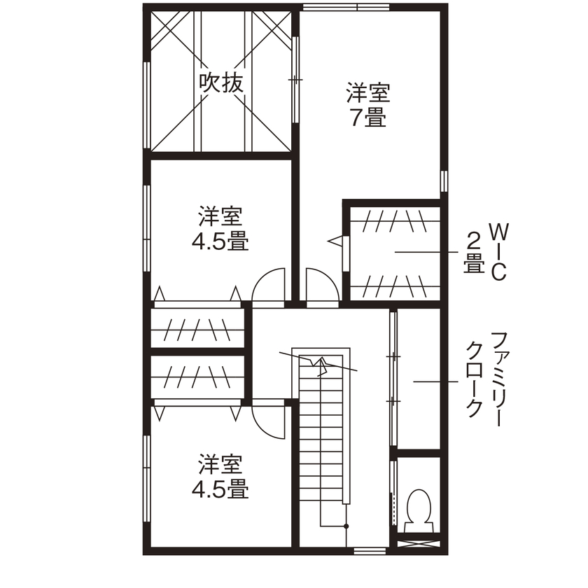 高砂建設　埼玉・東京 【鴻巣市/2000万円台/30坪台】開放的なLDKはパーティーもできる広さ！細部までセンスが光るモノトーンの家の間取り図（3LDK）2階