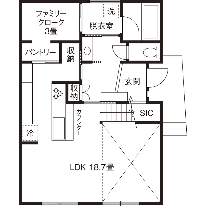高砂建設　埼玉・東京 【富士見市/3000万円台/30坪台/間取り図】子どもの習慣が自然に身につく間取り&アメリカンスタイルの間取り図（3LDK）1階