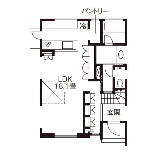 高砂建設　埼玉・東京 【さいたま市/3000万円台/30坪台/間取り図】窓から覗く景観にもこだわり尽くしたシンプルモダンの美しい家の間取り図（2LDK＋納戸＋小屋裏）1階