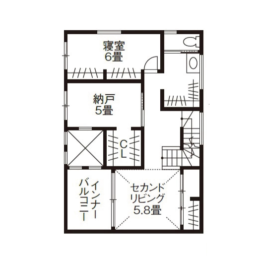 高砂建設　埼玉・東京 【さいたま市/3000万円台/30坪台/間取り図】窓から覗く景観にもこだわり尽くしたシンプルモダンの美しい家の間取り図（2LDK＋納戸＋小屋裏）2階