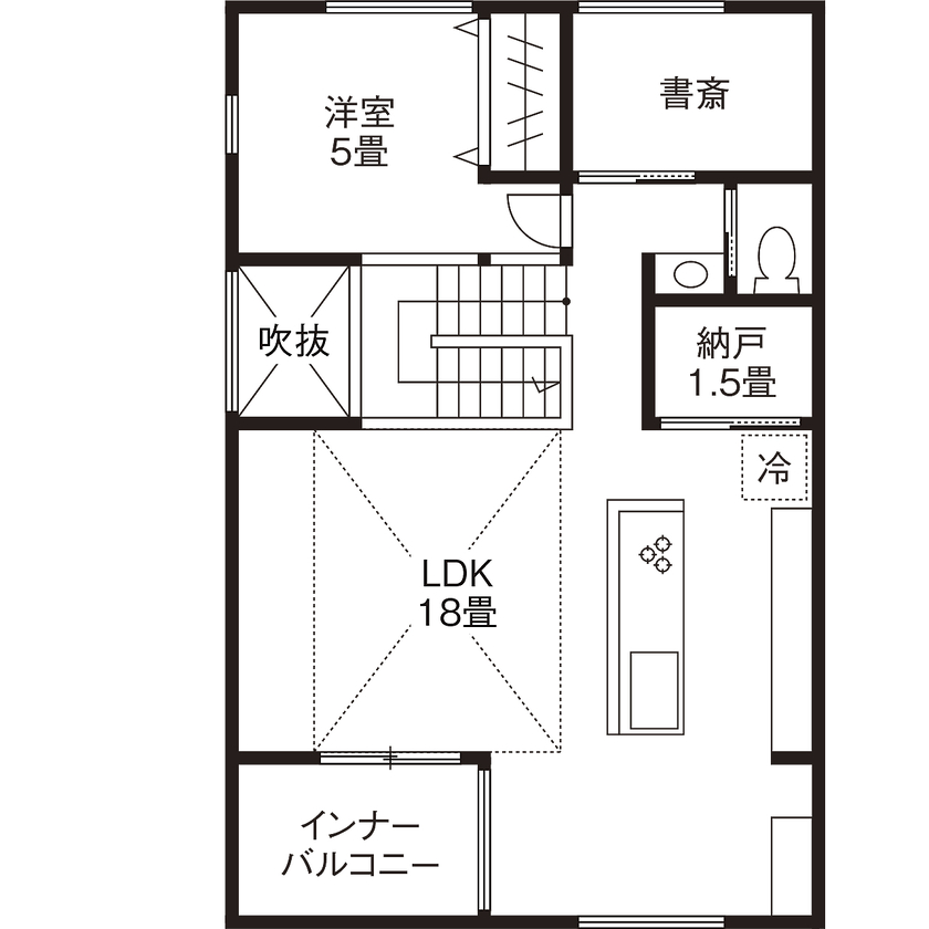 高砂建設　埼玉・東京 【さいたま市／3000万円台／30坪台／バイクガレージ】光と心地よさに包まれる2階リビングの家の間取り図（4LDK＋S）2階