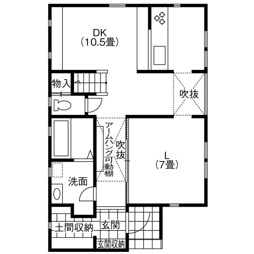 ビーバーハウス　注文住宅事業部　REST 【1000万円台×ニューヨーク路地裏スタイル】「吹抜回遊動線」の住まい/カフェスタイルのダイニングの間取り図（4DK）1階