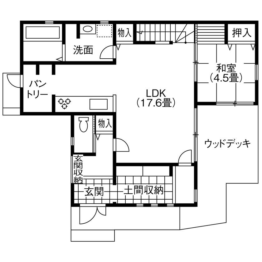 ビーバーハウス　注文住宅事業部　REST 【2000万円台×L字型ウッドデッキ】ハンチングボードの魅せる収納/ぐるぐる回遊動線の間取り図（4LDK）1階