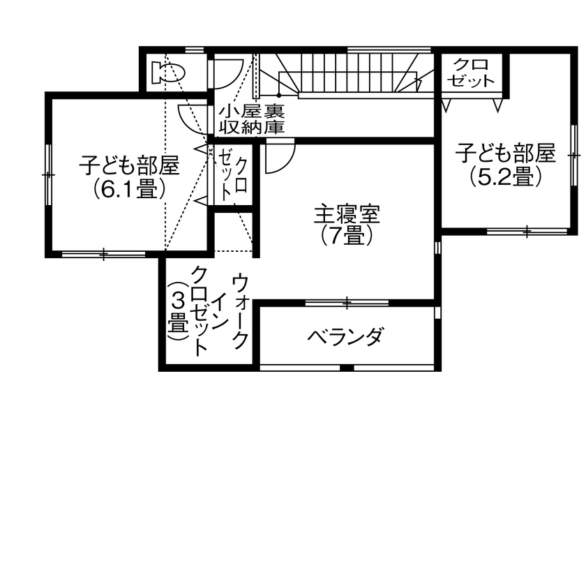 ビーバーハウス　注文住宅事業部　REST 【2000万円台×L字型ウッドデッキ】ハンチングボードの魅せる収納/ぐるぐる回遊動線の間取り図（4LDK）2階