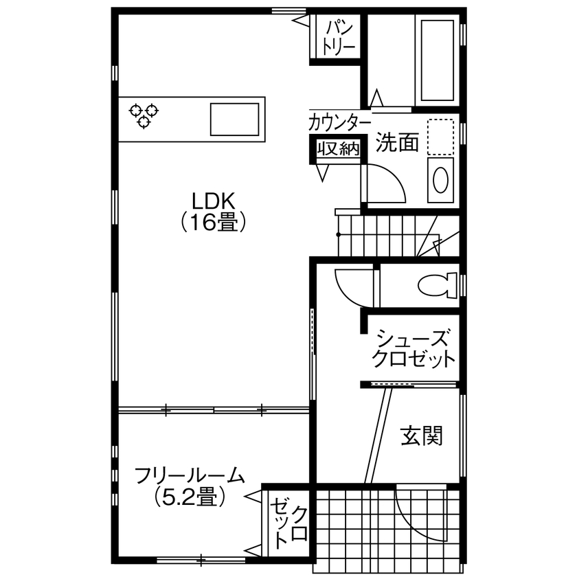 ビーバーハウス　注文住宅事業部　REST 【2000万円台×玄関吹抜】リビングとフリールームをつなぐ「透明アクリルの4枚扉」/テレワークに対応の間取り図（4LDK）1階