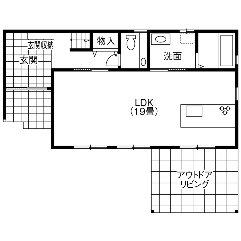 ビーバーハウス　注文住宅事業部　REST 【1000万円台×アウトドアリビングと大型バルコニー】「ヴィンテージ感」あふれる大人空間の間取り図（3LDK）1階