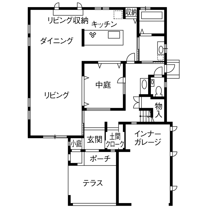 ビーバーハウス　注文住宅事業部　REST 【八尾市/2350万円/間取り図有】中庭やボルダリングのできるガレージがある、遊び心あふれる住まいの間取り図（4LDK）１階