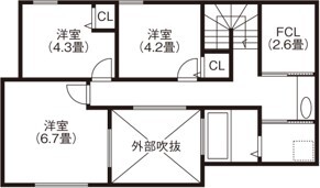 グランレブリー 【城陽市/1000万円台/吹き抜け/図面あり】タイルデッキがくれた、カーテンのいらない大らかな暮らしの間取り図（3LDK）２階