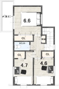 グランレブリー 【京都市/1000万円台/シンプルモダン/図面あり】京都市内で2台分の駐車スペースもある家の間取り図（3LDK）２階