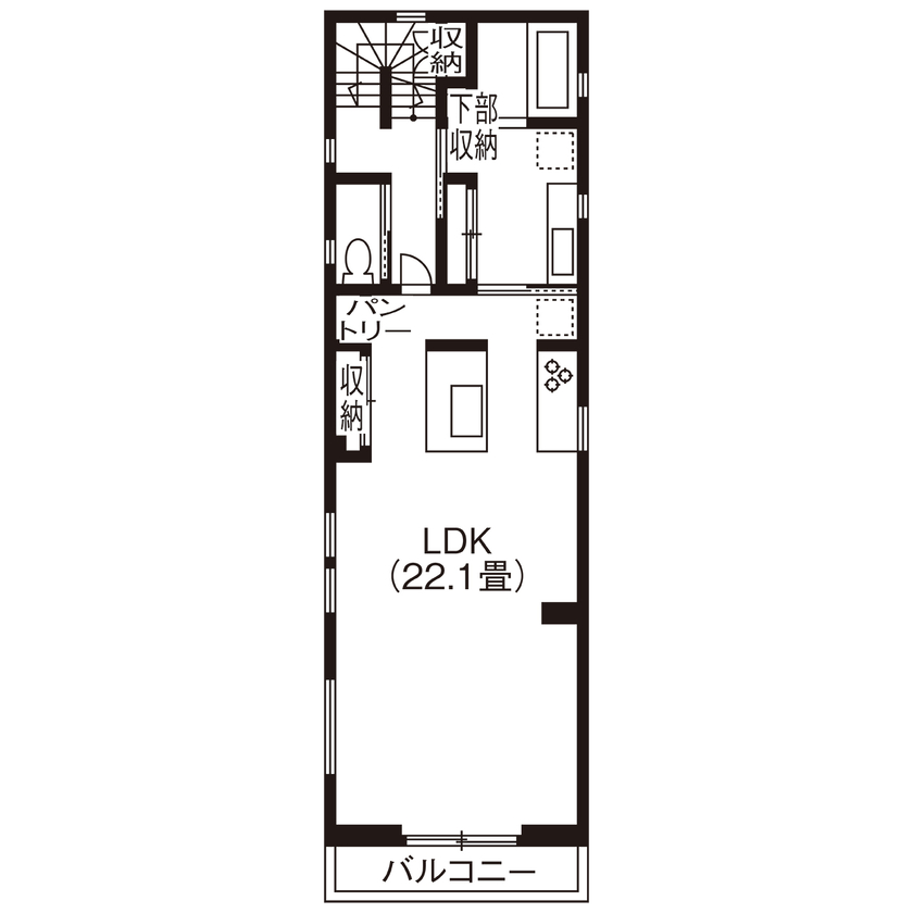 グランレブリー 【京都市/1000万円台/3階建て/間取り図有】狭小地でもくつろぎと機能的な回遊動線を形にした暮らしやすい家の間取り図（3LDK＋書斎）2階