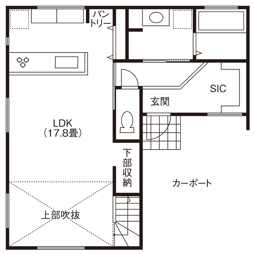 グランレブリー 【滋賀県/1000万円台後半/吹き抜け/間取り図有】吹き抜けの開放感と木目の温もりが広がる、心地よい住まいの間取り図（2LDK）1階