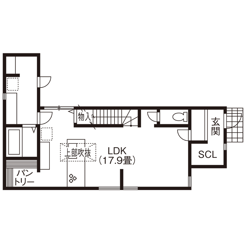 グランレブリー 【1000万円台後半/間取り図有】グレーと木目が美しく調和する、アーチが彩るこだわりの住まいの間取り図（2LDK）1階