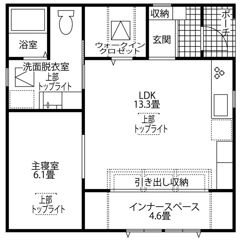 トヨタT&S建設 安城市/1000万円台/間取り｜趣味のスペースも収納もしっかり確保。敷地を有効活用したコンパクトな平屋の家の間取り図（1LDK）1階