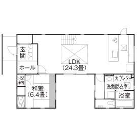 トヨタT&S建設 【浜松／間取り】頑丈な「構造」でも吹抜けと採光で開放感を。白いタイルの外観が美しいシンプルモダンな家の間取り図（5K以上）1階