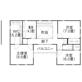 トヨタT&S建設 【浜松／間取り】頑丈な「構造」でも吹抜けと採光で開放感を。白いタイルの外観が美しいシンプルモダンな家の間取り図（5K以上）2階
