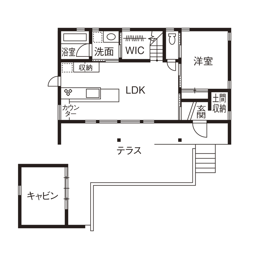 大和工務店 【平屋×離れ×W断熱｜間取り図有】特許の全館空調で冬の朝も寒さ知らず。キャビンは多趣味な夫の秘密基地の間取り図（1LDK+ロフト+離れ）1階