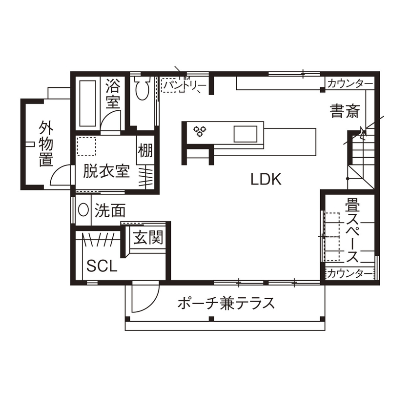 大和工務店 【2000万円台×35坪×収納｜間取り図有】開放的な間取りもW断熱で心地よく。家族の居場所たっぷりの白い家の間取り図（3LDK+FCL）1階