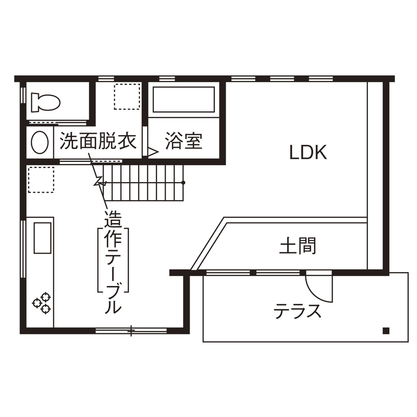 大和工務店 【1000万円台×18坪×土間｜間取り図有】無垢材が包む大空間で料理やDIYを満喫。秘密基地のように暮らす家の間取り図（1LDK+土間）1階