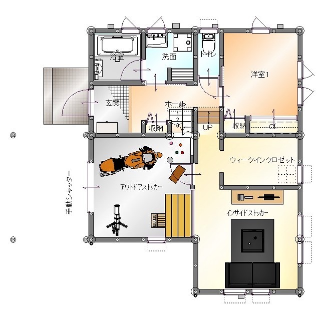 ヒューマンホームズ 【1000万円台|30坪台|間取図あり】土地探しからお手伝い！バイクガレージとしても使える趣味部屋のある家の間取り図（4LDK）1階