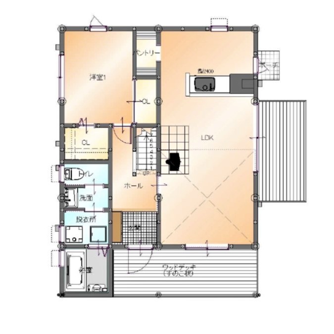 ヒューマンホームズ 【1000万円台|30坪台|間取図】憧れの薪ストーブを備えた平屋感覚の２階建て。庭でキャンプやBBQも楽しい！の間取り図（3LDK）１階
