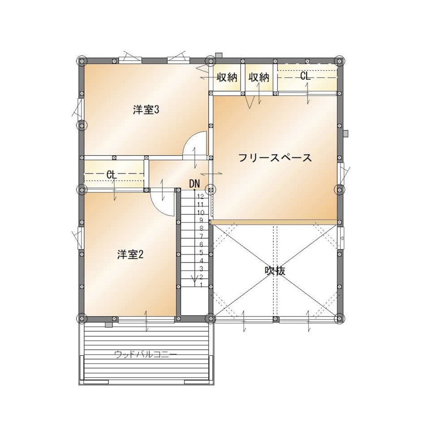 ヒューマンホームズ 【bino|1000万円台|20坪台|間取り図】吹き抜けで自然素材に囲まれた開放感を満喫！土間リビングも楽しい家の間取り図（3LDK）2階
