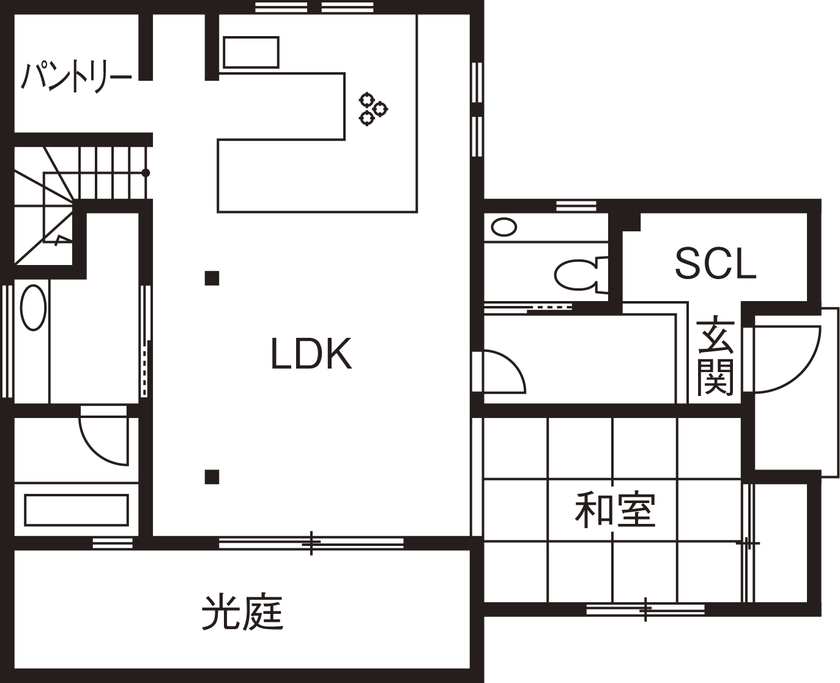 KITOKITO HOME&LIFE 【高石市|1000万円台|間取り図|自然素材|40坪|ウッドデッキ】コの字型キッチンに家族が集うドイツ漆喰の家の間取り図（4LDK）1階
