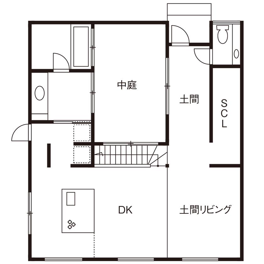 KITOKITO HOME&LIFE 【堺市｜2000万円台｜40坪台｜ペット】自然とつながる中庭や土間…温もりのある木＆しっくいの家の間取り図（２LDK+S）1階