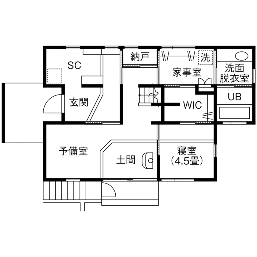 みのり建築舎 借景を望む出窓ベンチとコーナー出窓。そして薪ストーブの暖かさに癒される2階リビングの家の間取り図（1LDK+書斎＋予備室）1階