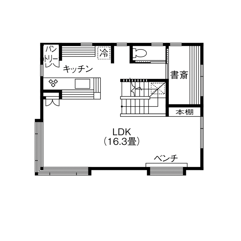 みのり建築舎 借景を望む出窓ベンチとコーナー出窓。そして薪ストーブの暖かさに癒される2階リビングの家の間取り図（1LDK+書斎＋予備室）2階