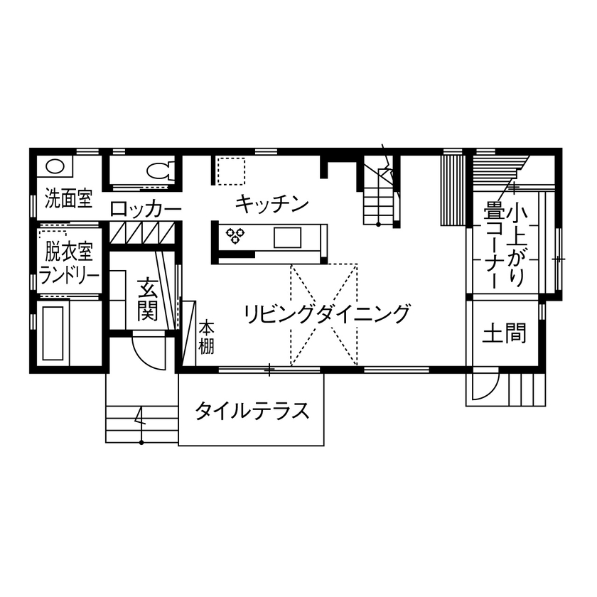 みのり建築舎 【薪ストーブ／吹抜／間取図】薪ストーブや菜園、BBQ など、豊かな自然の中で思い描いていた暮らしを楽しむの間取り図（3LDK+畳コーナー）1階